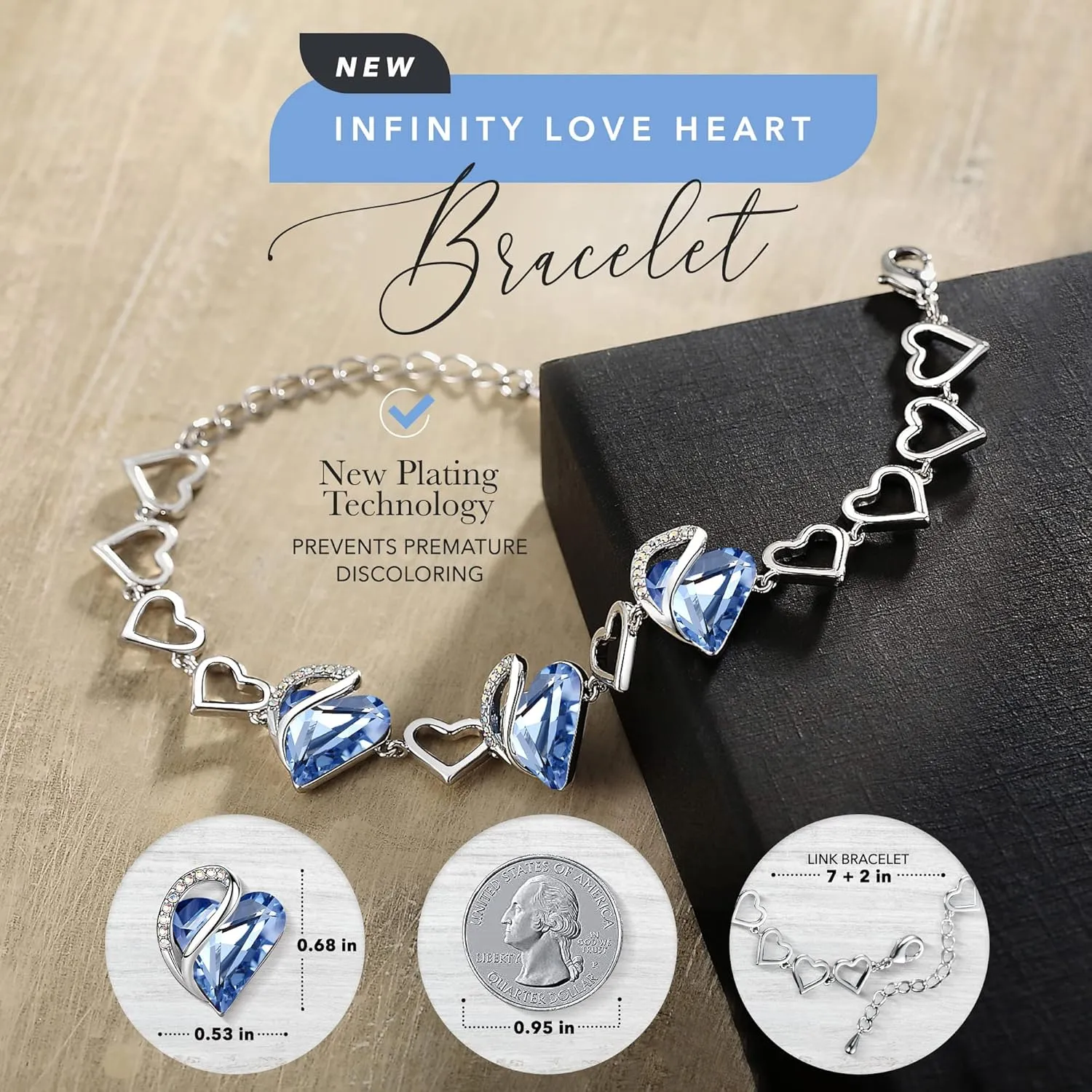 Leafael Valentine's Day Heart Link Bracelets for Women, Infinity Love Birthstone Crystal Charms or Healing Stones, Silver Plated Jewelry Gifts for Her, 7-inch Chain and 2-inch Extender