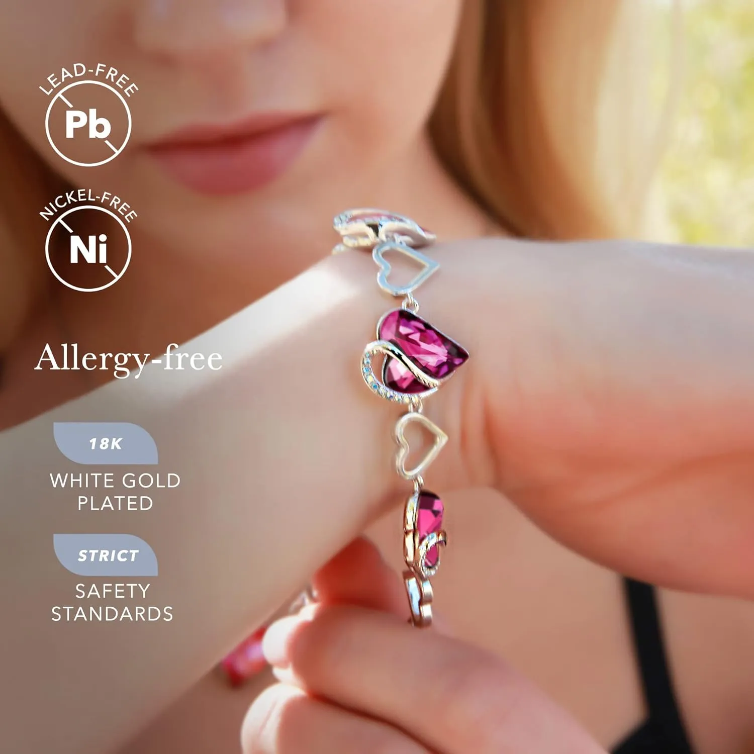 Leafael Valentine's Day Heart Link Bracelets for Women, Infinity Love Birthstone Crystal Charms or Healing Stones, Silver Plated Jewelry Gifts for Her, 7-inch Chain and 2-inch Extender