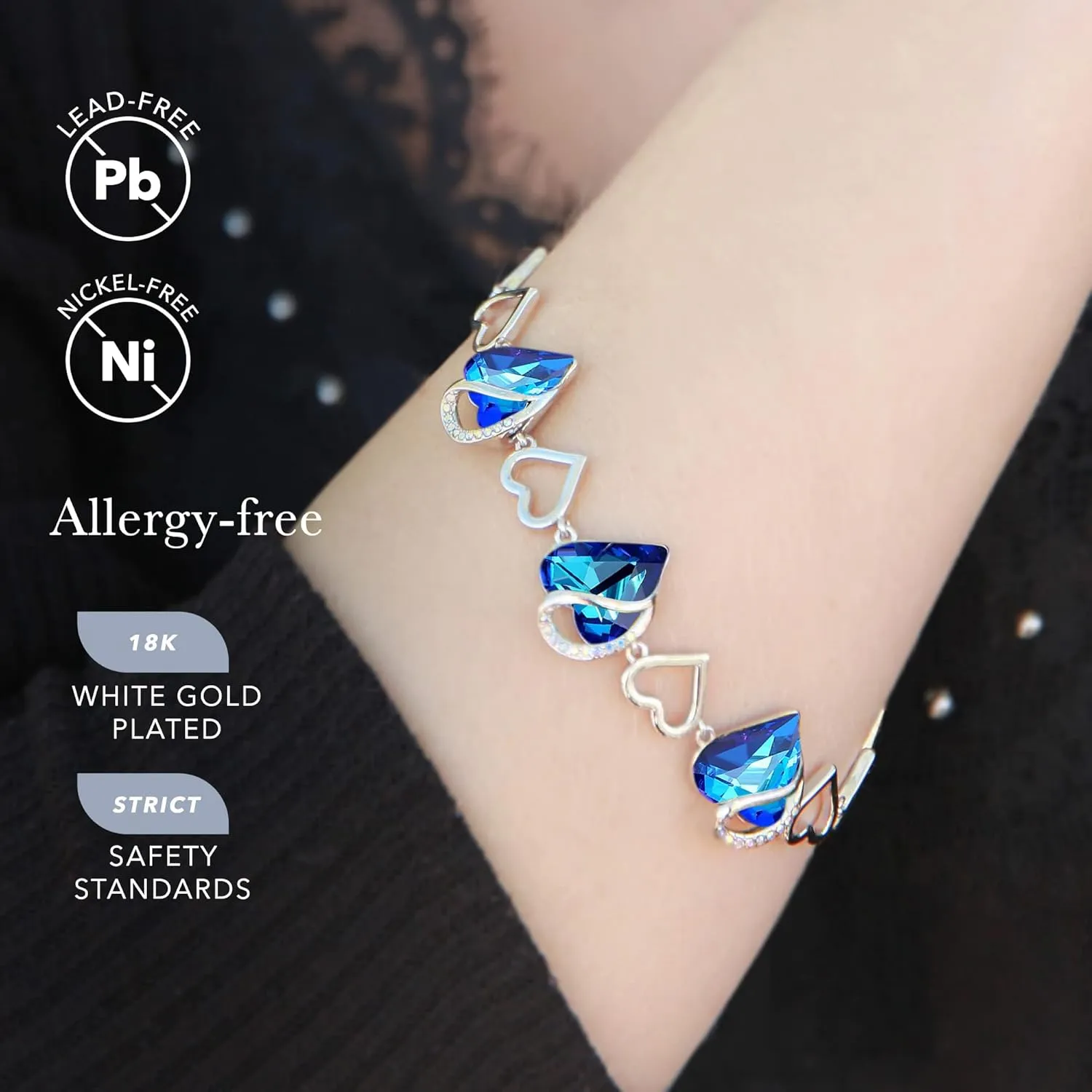 Leafael Valentine's Day Heart Link Bracelets for Women, Infinity Love Birthstone Crystal Charms or Healing Stones, Silver Plated Jewelry Gifts for Her, 7-inch Chain and 2-inch Extender