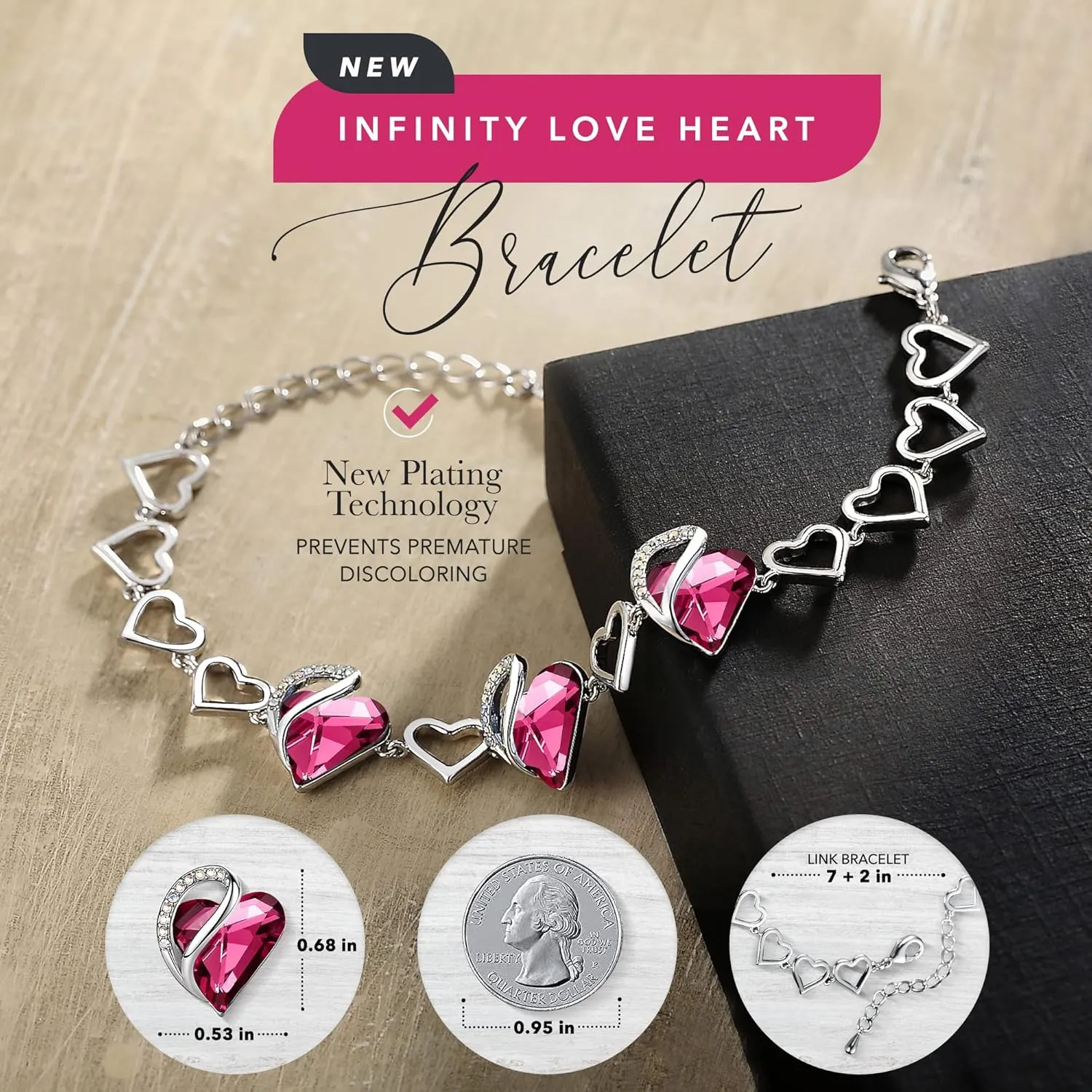 Leafael Valentine's Day Heart Link Bracelets for Women, Infinity Love Birthstone Crystal Charms or Healing Stones, Silver Plated Jewelry Gifts for Her, 7-inch Chain and 2-inch Extender