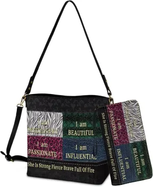 Leather Tote Bag Set Large Bucket Hobo Bag Satchel Purse with Leather Wristlet Wallet