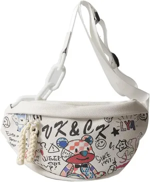 Leather Waist Pack Fanny Pack for Men Women,[Graffiti Series] Multifunctional Crossbody Bag Fashion Hip Purse Travel Trip Hiking Bum Bag Shoulder Belt Bag