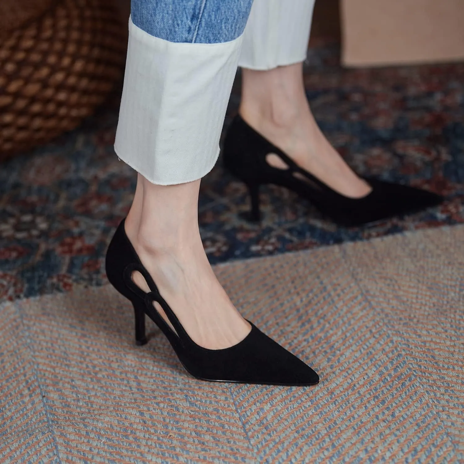 LEHOOR Women Kitten Heel Pumps Pointed Toe Suede Stilettos High Heel Dress Shoes Rainbow Slip On 2.5”Heels Cutout Sandals Multicolor Patchwork for Bridal Wedding Office Ladies Evening Party 4-11 M US