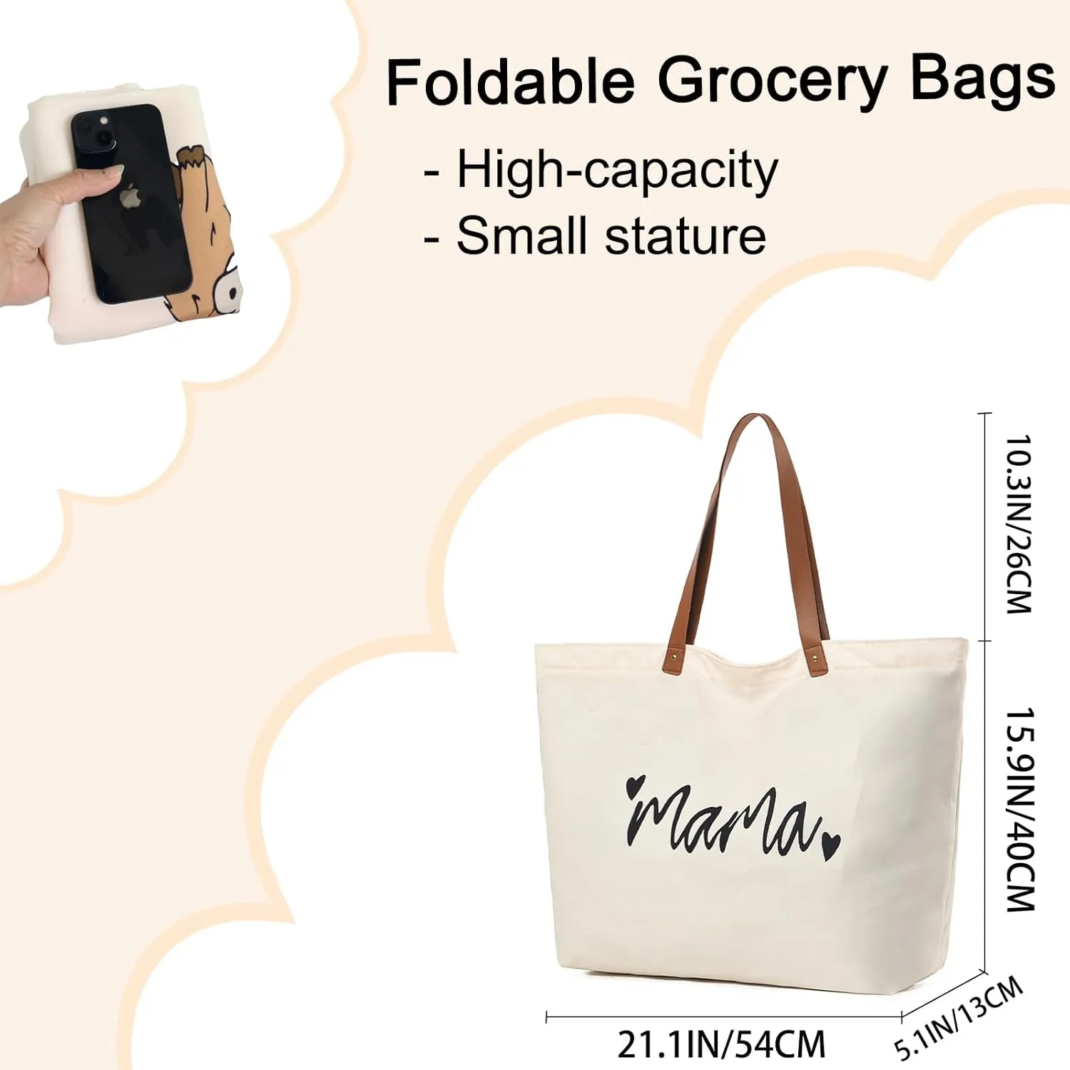 LEMEDE 30L Zip Grocery Bag - Wide Handheld to Reduce Shoulder Pressure,Personalized Minimalist Style Tote Bag,Gift for Women