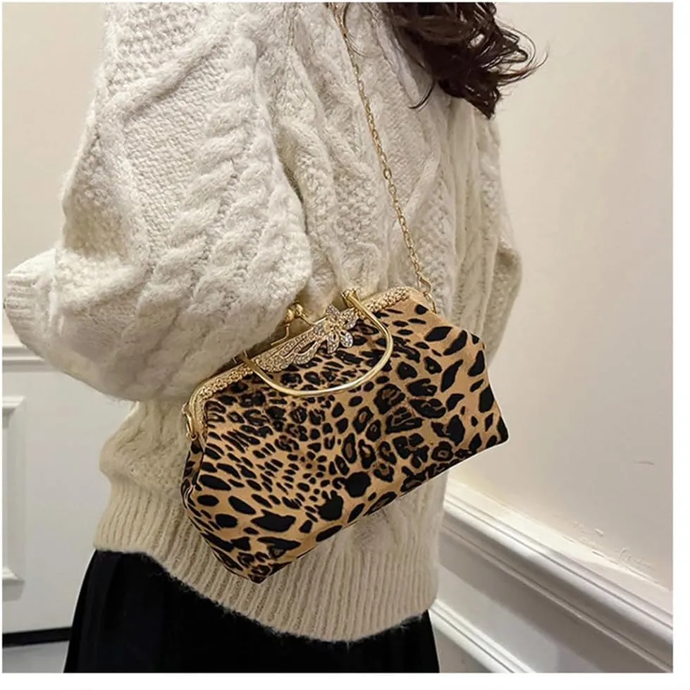 Leopard Evening Clutch Purse with Chain Cheetah Print Kiss Lock Evening Handbag and Purse Party Prom Evening Tote Bags