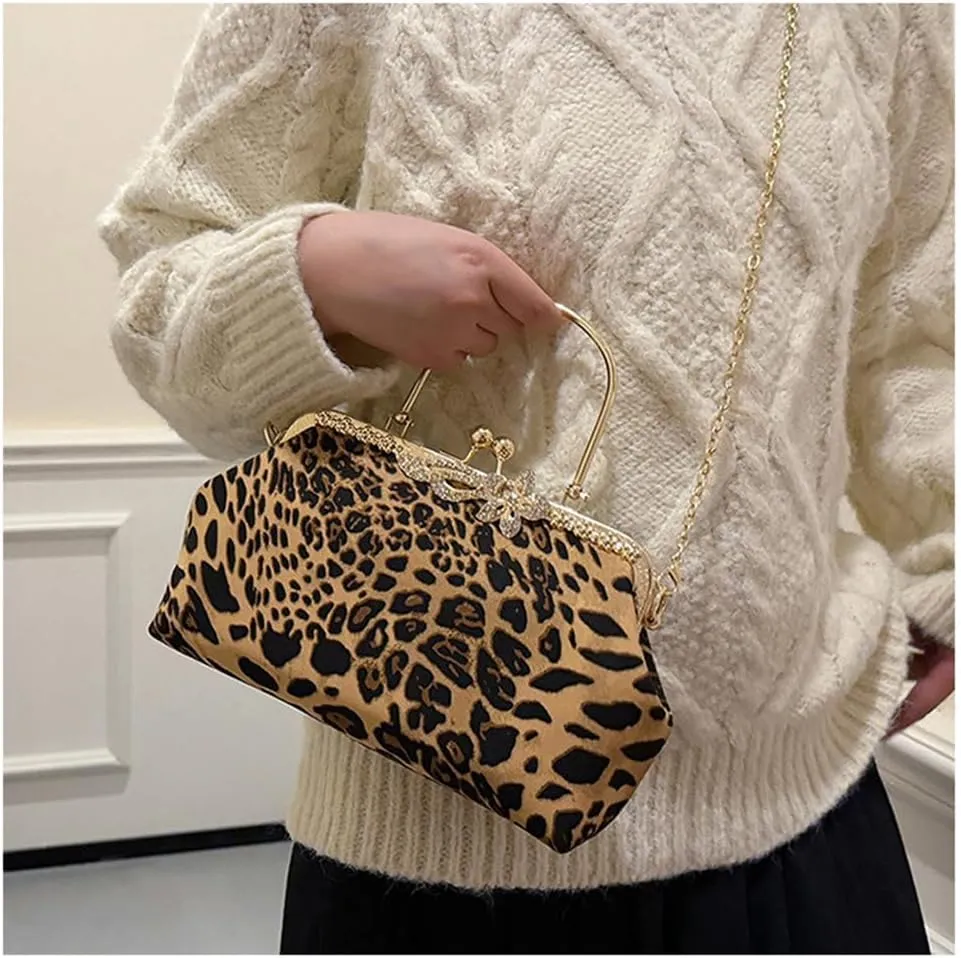Leopard Evening Clutch Purse with Chain Cheetah Print Kiss Lock Evening Handbag and Purse Party Prom Evening Tote Bags