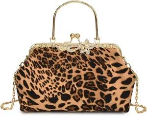 Leopard Evening Clutch Purse with Chain Cheetah Print Kiss Lock Evening Handbag and Purse Party Prom Evening Tote Bags