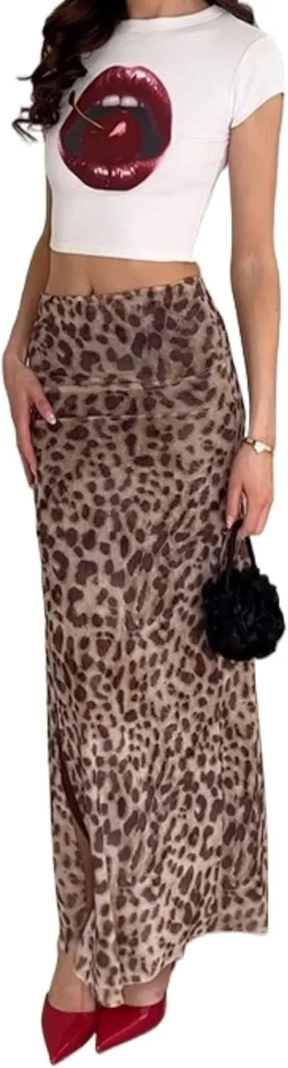 Leopard Print Skirt Cheetah Print Long Skirts for Women Trendy Y2k Summer Skirts Maxi Skirt