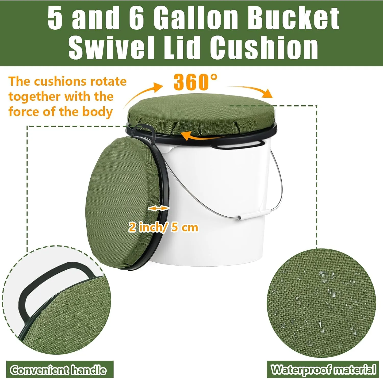 Lewtemi 2 Pcs 5 Gallon Bucket Seats 360 Degree Swivel Bucket Seat 2 Inch Thick Green Padded Cushion Lid with Waterproof Cover for Dove Duck Hunting Fishing Baseball Gardening and Camping