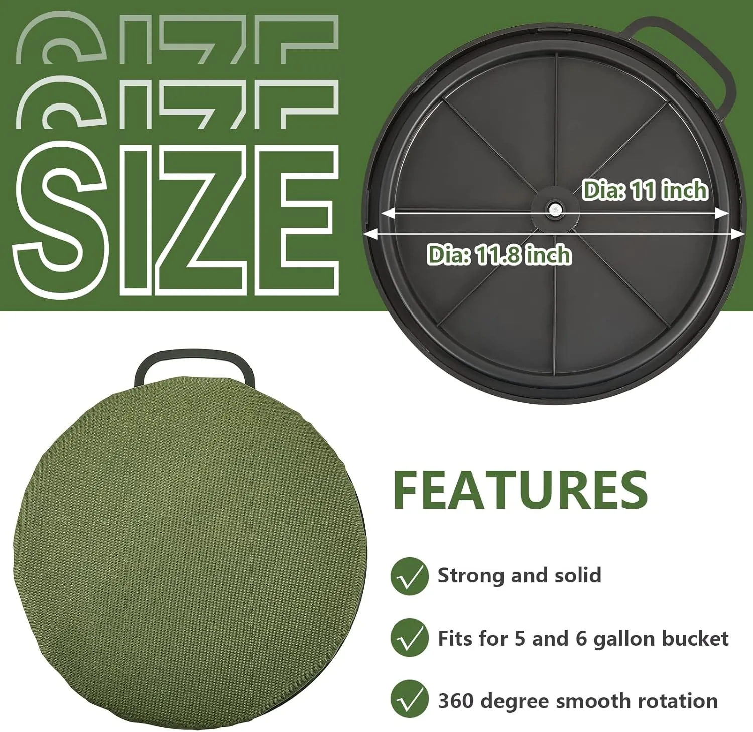Lewtemi 2 Pcs 5 Gallon Bucket Seats 360 Degree Swivel Bucket Seat 2 Inch Thick Green Padded Cushion Lid with Waterproof Cover for Dove Duck Hunting Fishing Baseball Gardening and Camping