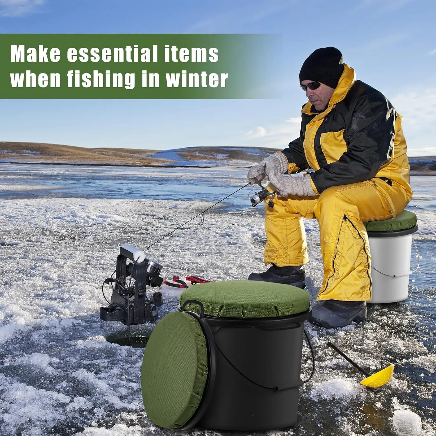Lewtemi 2 Pcs 5 Gallon Bucket Seats 360 Degree Swivel Bucket Seat 2 Inch Thick Green Padded Cushion Lid with Waterproof Cover for Dove Duck Hunting Fishing Baseball Gardening and Camping