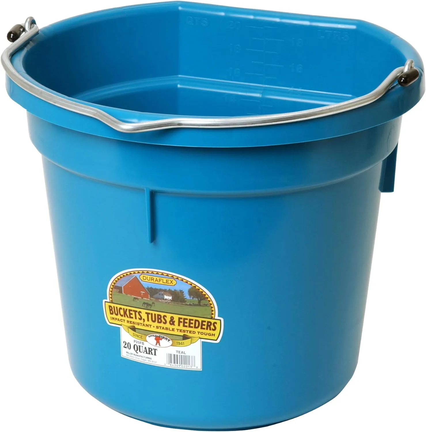 Little Giant Plastic Animal Feed Bucket (Teal) Flat Back Plastic Feed Bucket with Metal Handle (20 Quarts / 5 Gallons) (Item No. P20FBTEAL6)