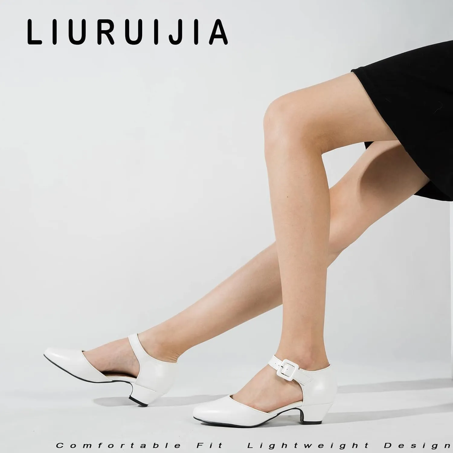 LIURUIJIA Women's Ankle Strap Low Heel Dress Shoes Closed Toe Formal Work Wedding Bridal Heels Comfortable Pumps