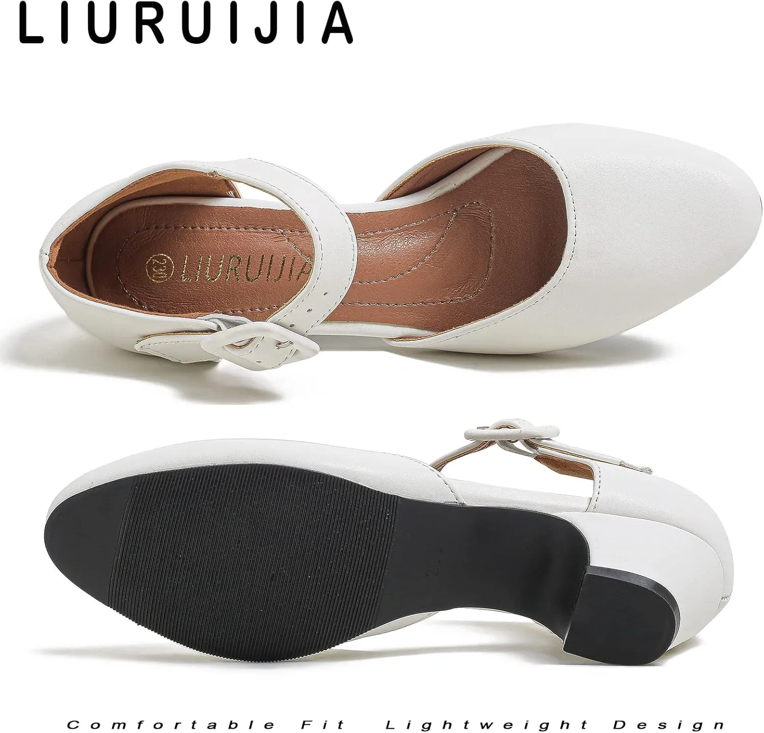 LIURUIJIA Women's Ankle Strap Low Heel Dress Shoes Closed Toe Formal Work Wedding Bridal Heels Comfortable Pumps