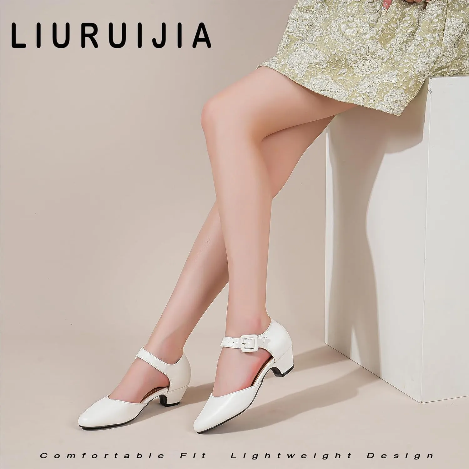LIURUIJIA Women's Ankle Strap Low Heel Dress Shoes Closed Toe Formal Work Wedding Bridal Heels Comfortable Pumps