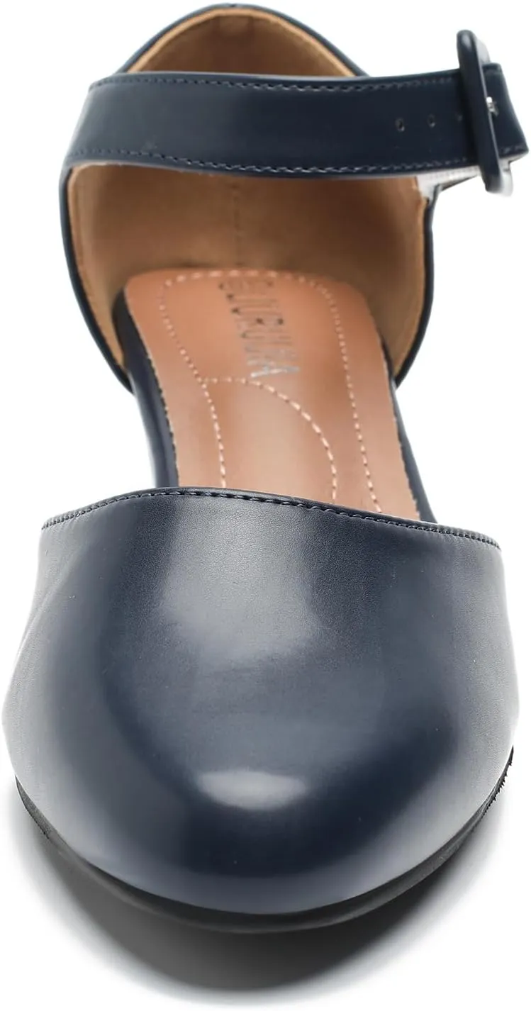 LIURUIJIA Women's Closed Toe Low Chunky Heel Pumps Ankle Strap Dress Shoes for Work Wedding Party Dance