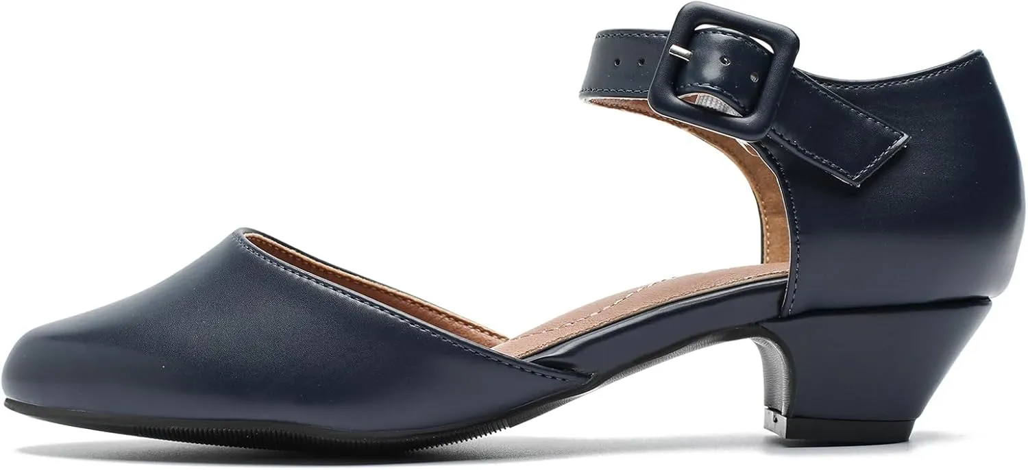 LIURUIJIA Women's Closed Toe Low Chunky Heel Pumps Ankle Strap Dress Shoes for Work Wedding Party Dance