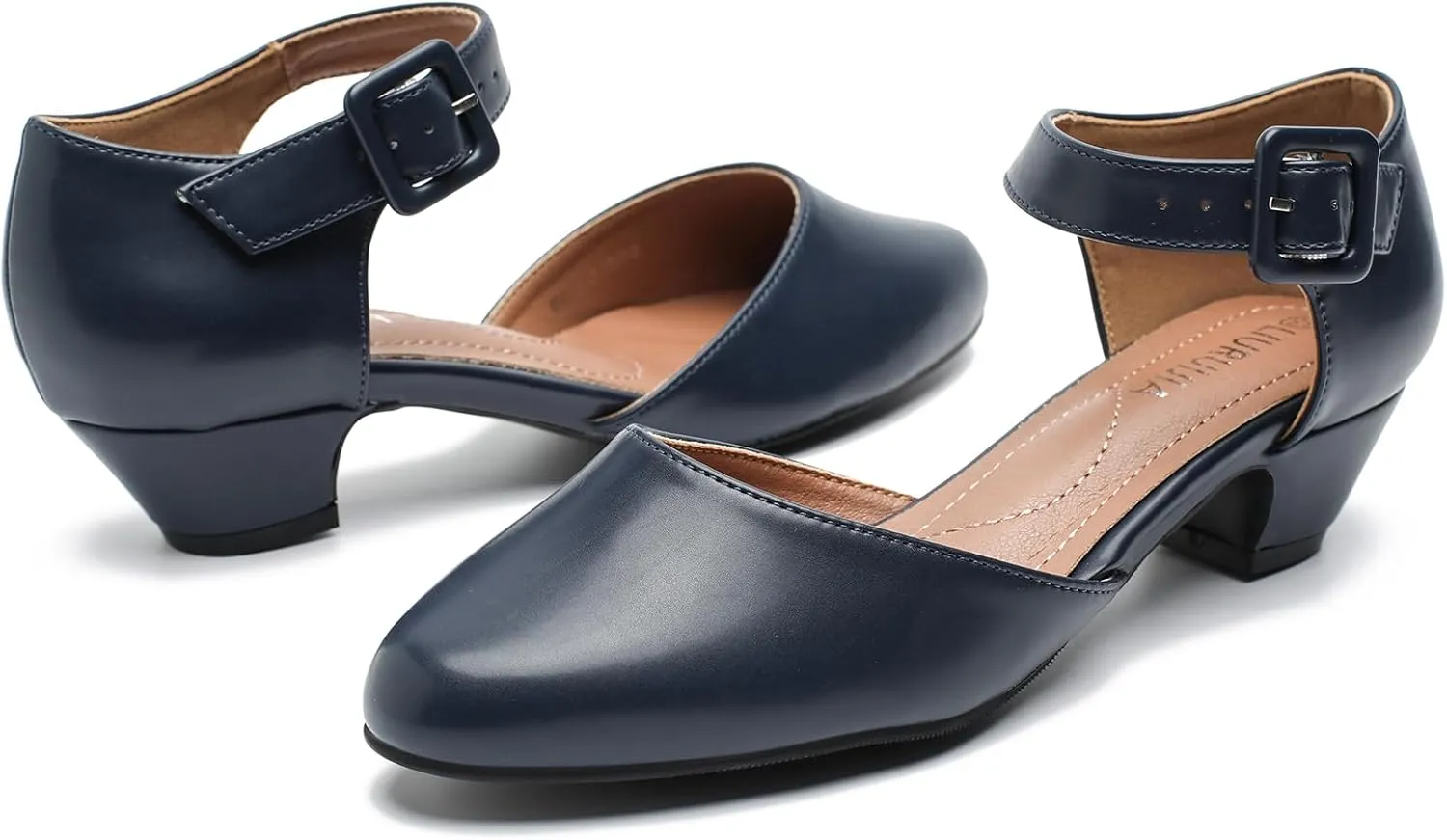 LIURUIJIA Women's Closed Toe Low Chunky Heel Pumps Ankle Strap Dress Shoes for Work Wedding Party Dance