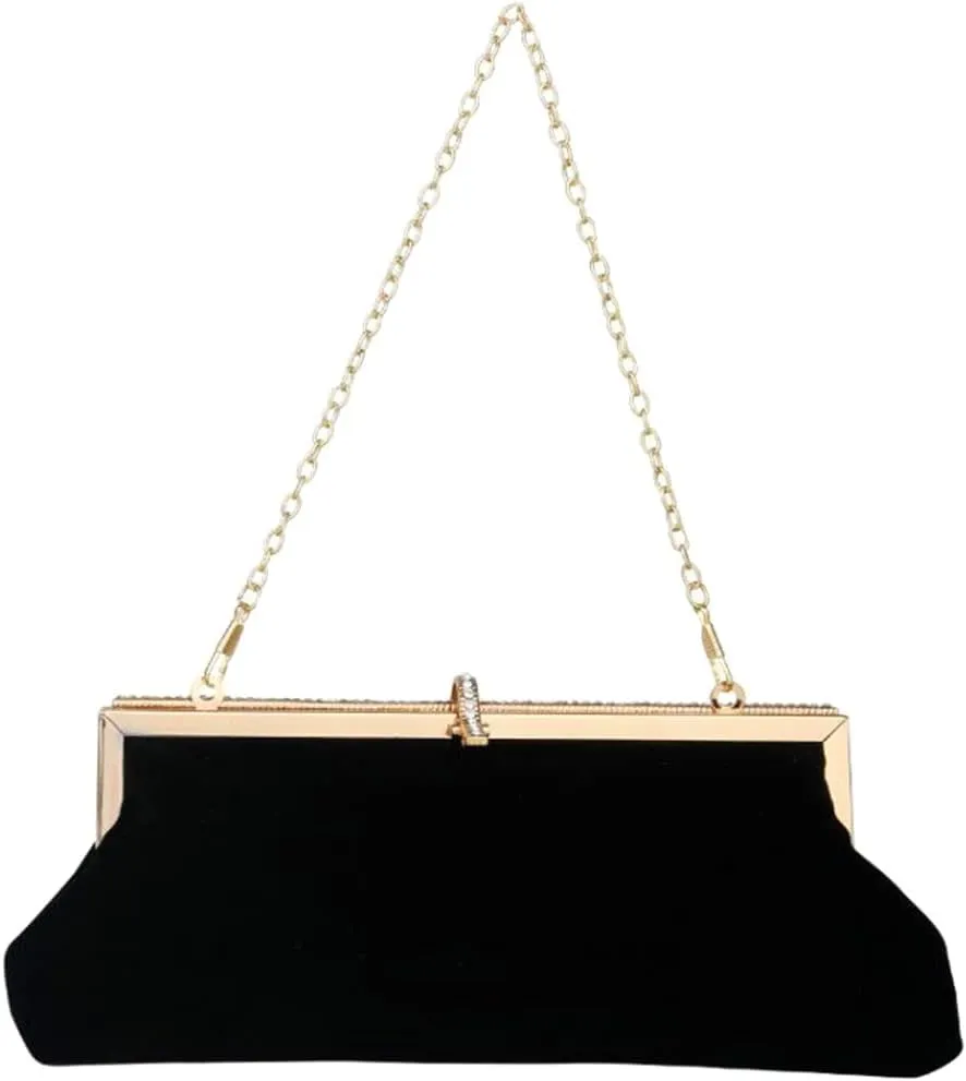 LOGOFUN Velvet Bag Rhinestone Elegant Handbag Women Wedding Party Evening Clutch Bag (Black)