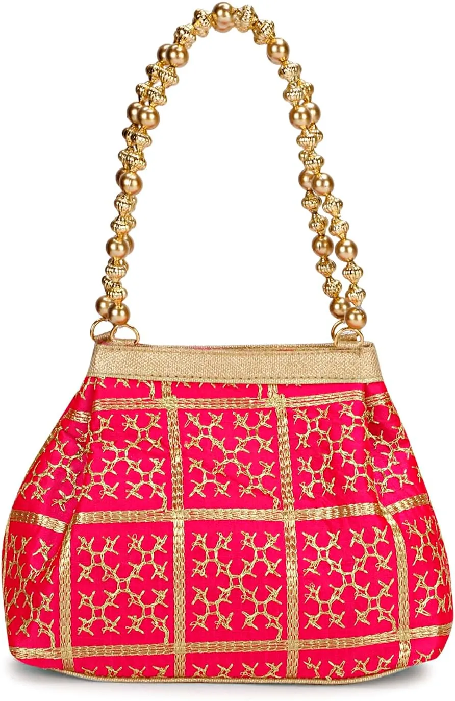 LONGING TO BUY Potli Bags for Women Embroidered Evening Purses with Gold Pearl Handle, Indian Women Potli Bags for Wedding