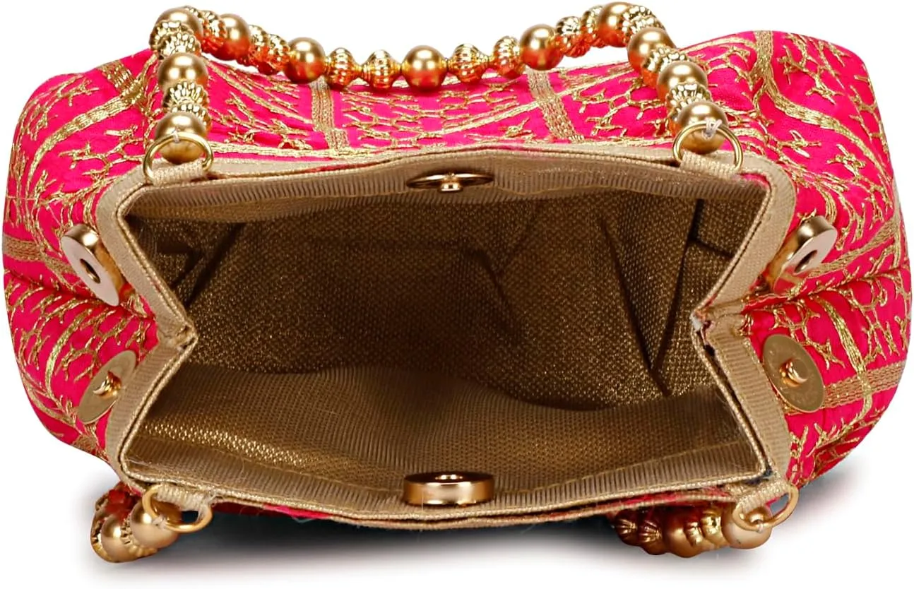 LONGING TO BUY Potli Bags for Women Embroidered Evening Purses with Gold Pearl Handle, Indian Women Potli Bags for Wedding