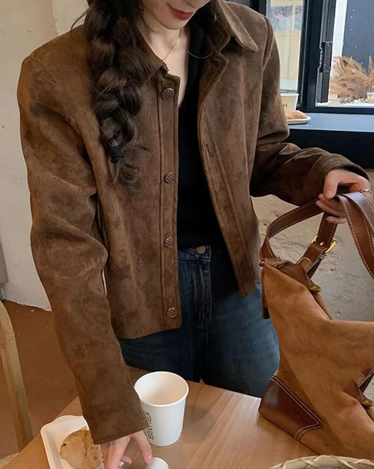 loveimgs Women Cropped Faux Suede Blazer Leather Bomber Jacket Fall Aviator Button Down Crop Trench Coat Moto Jacket