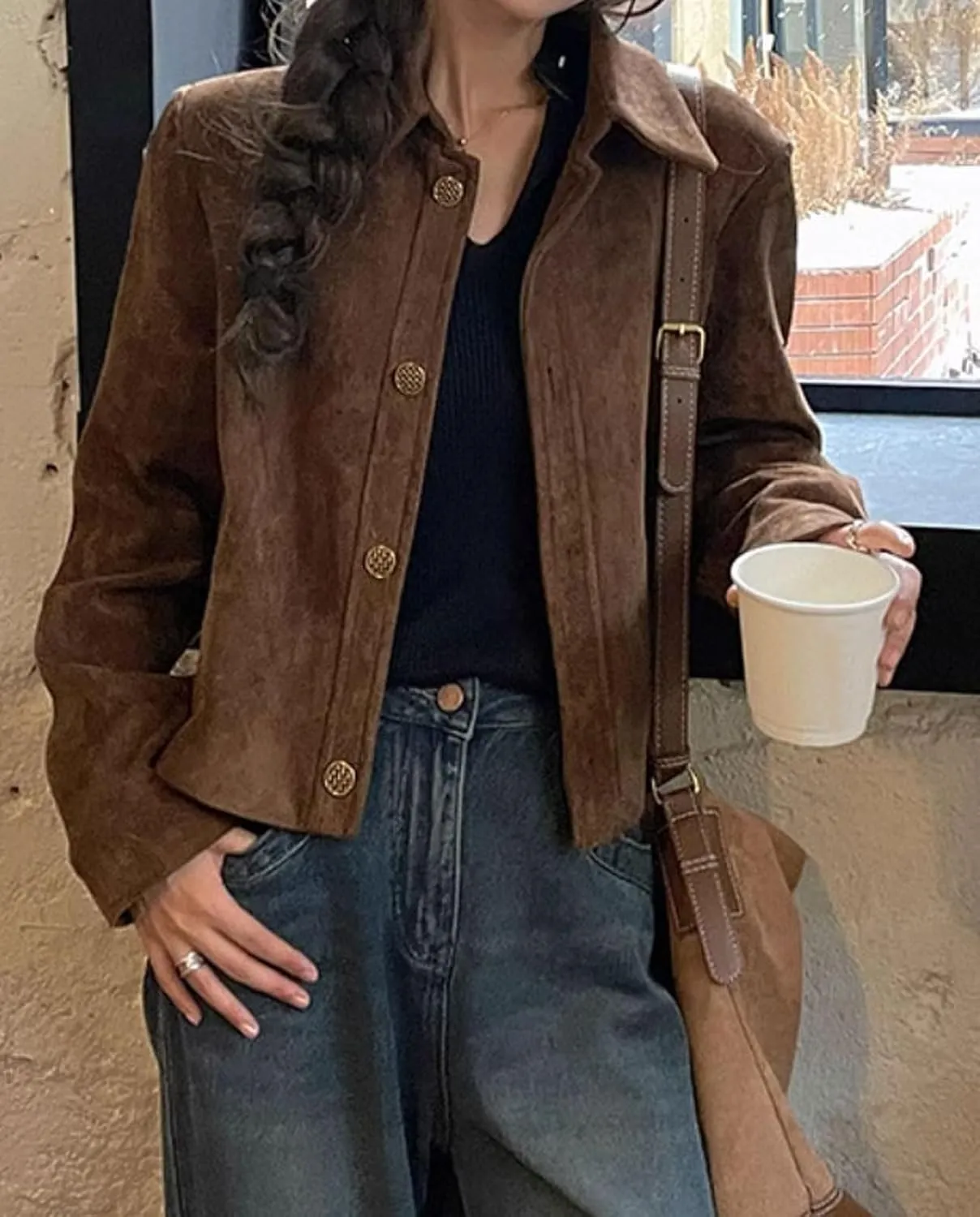 loveimgs Women Cropped Faux Suede Blazer Leather Bomber Jacket Fall Aviator Button Down Crop Trench Coat Moto Jacket