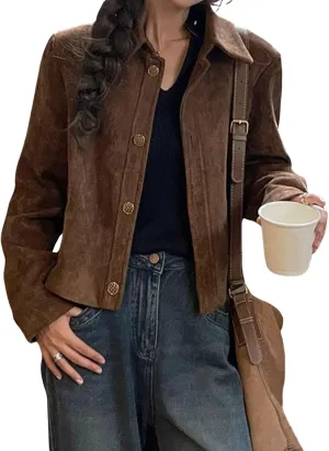loveimgs Women Cropped Faux Suede Blazer Leather Bomber Jacket Fall Aviator Button Down Crop Trench Coat Moto Jacket