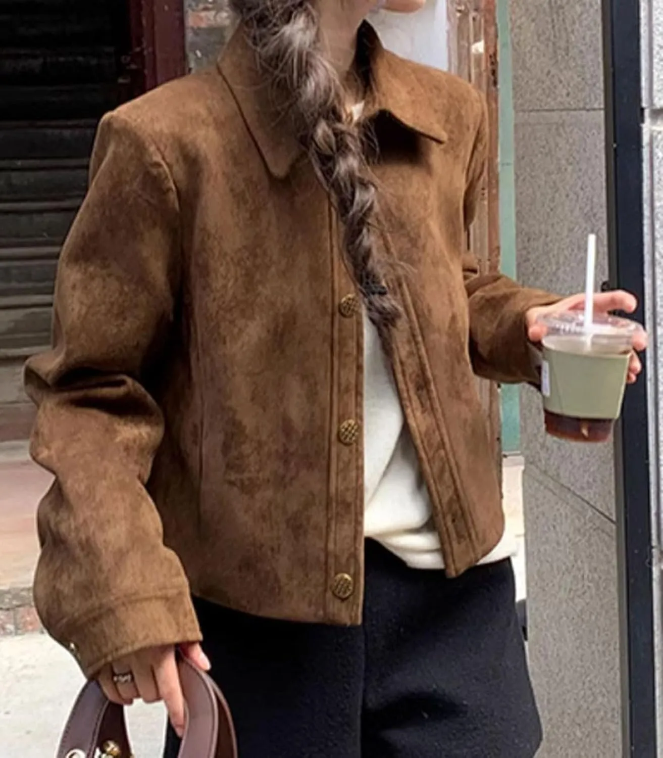 loveimgs Women Cropped Faux Suede Blazer Leather Bomber Jacket Fall Aviator Button Down Crop Trench Coat Moto Jacket