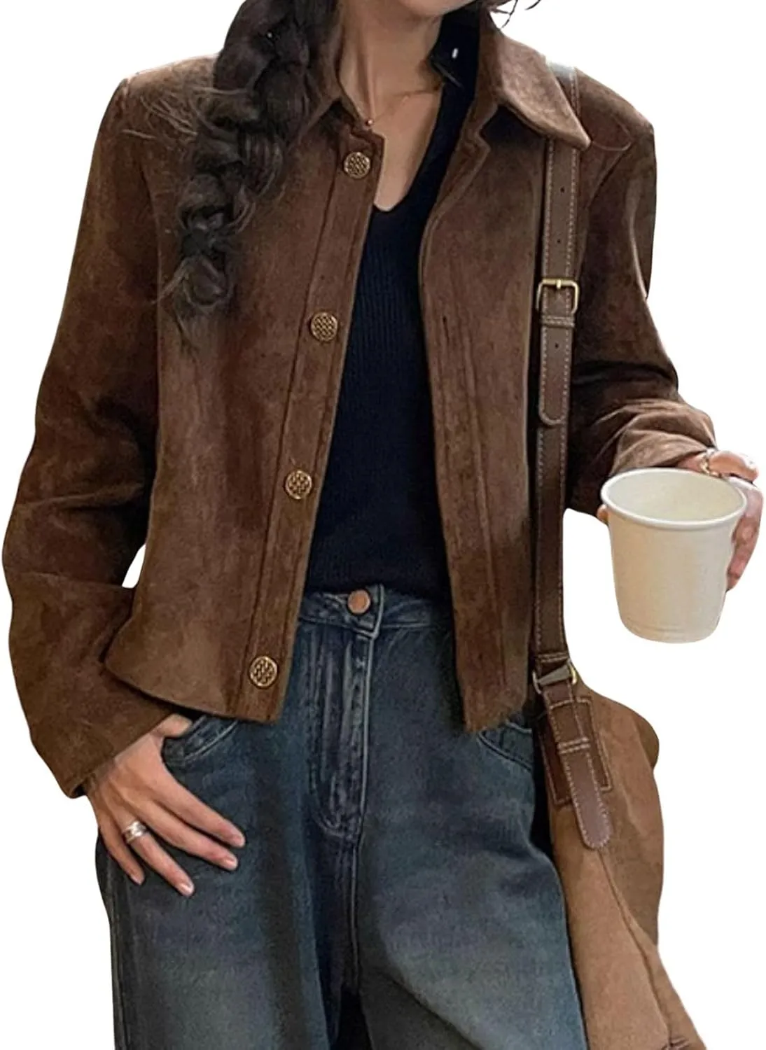 loveimgs Women Cropped Faux Suede Blazer Leather Bomber Jacket Fall Aviator Button Down Crop Trench Coat Moto Jacket