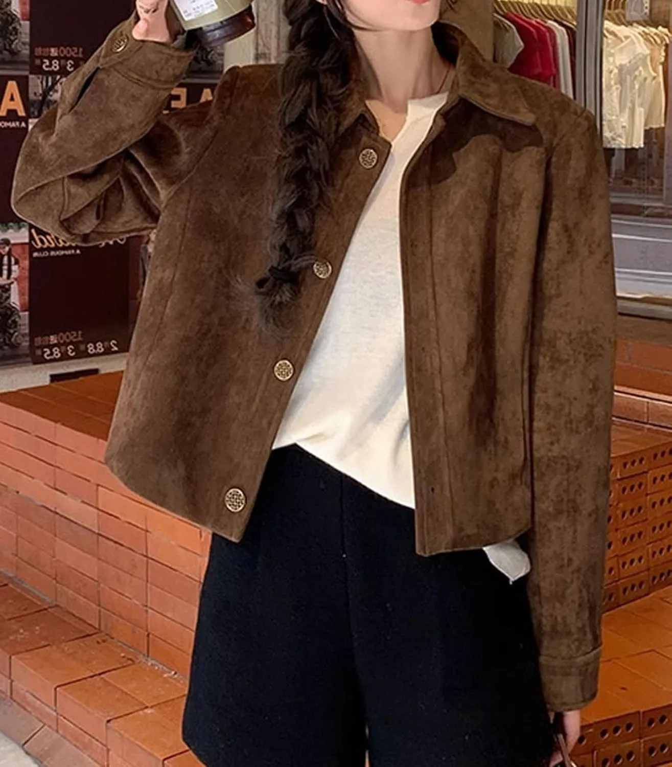 loveimgs Women Cropped Faux Suede Blazer Leather Bomber Jacket Fall Aviator Button Down Crop Trench Coat Moto Jacket