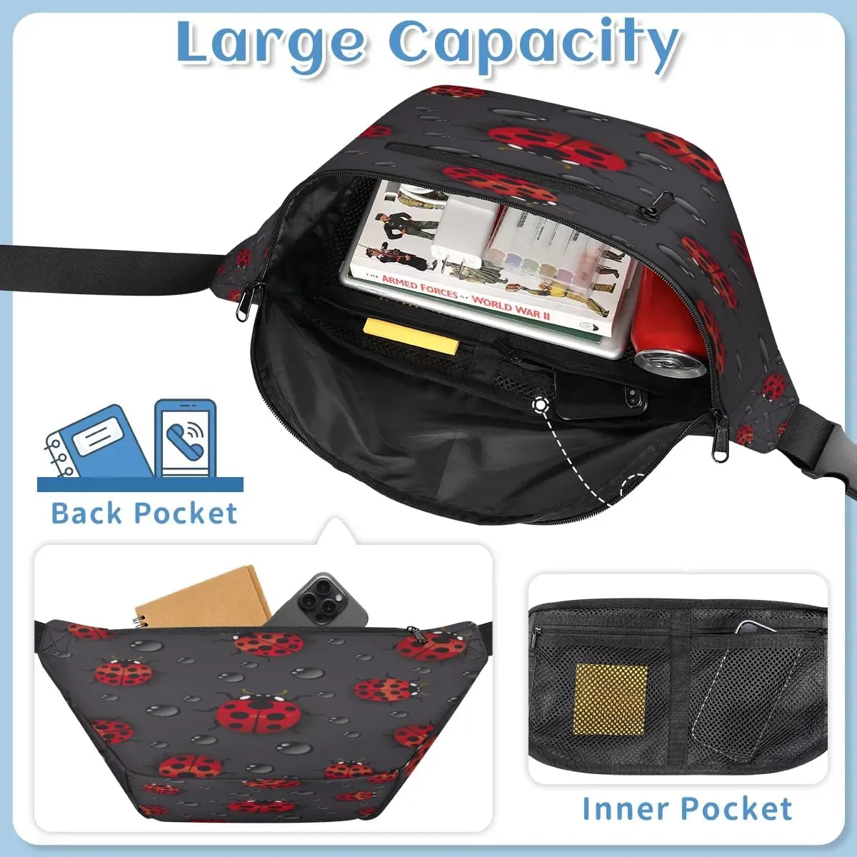 Lovely Ladybugs Crossbody Sling Bag for Women Men Crossbody Backpack with 4 Zipper Pockets Fanny Pack Shoulder Casual Daypack for Travel Running Hiking Cycling