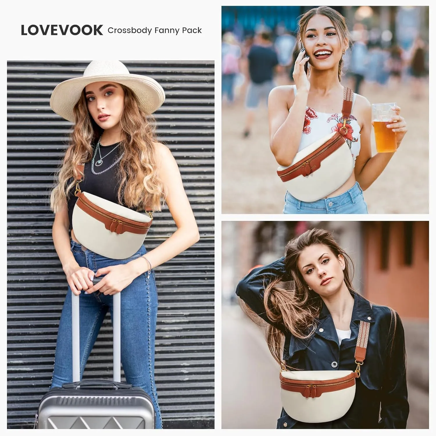 LOVEVOOK Fanny Packs for Women Cross Body, Vegan Leather Belt Bag for Women, Waterproof Sling Purse Fashion Waist Pack Designer Chest Bum Bag with Boho Style Strap
