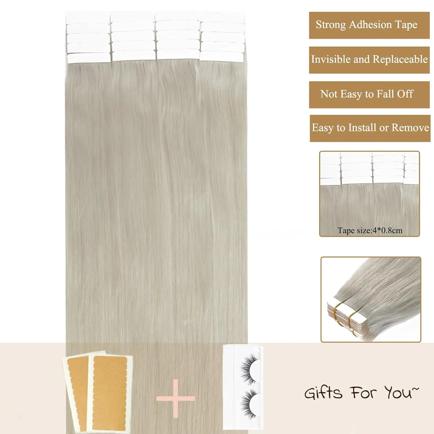 Loxxy Tape in Hair Extensions Human Hair Grey Platinum Blonde Soft Hair Extensions Tape in Silky Straight Invisible Skin Weft Thick End 20Pcs 30G 12Inch