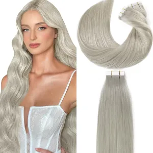 Loxxy Tape in Hair Extensions Human Hair Grey Platinum Blonde Soft Hair Extensions Tape in Silky Straight Invisible Skin Weft Thick End 20Pcs 30G 12Inch