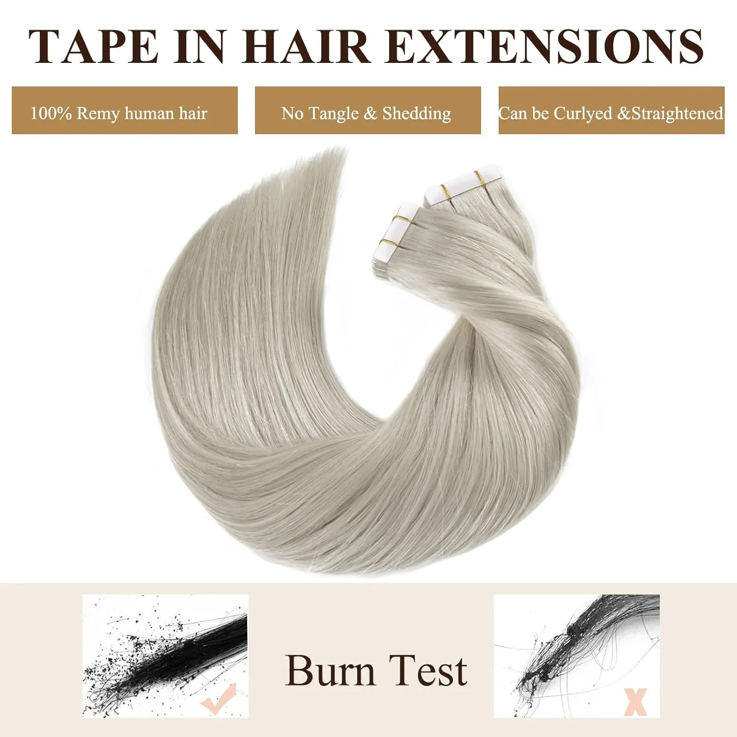 Loxxy Tape in Hair Extensions Human Hair Grey Platinum Blonde Soft Hair Extensions Tape in Silky Straight Invisible Skin Weft Thick End 20Pcs 30G 12Inch