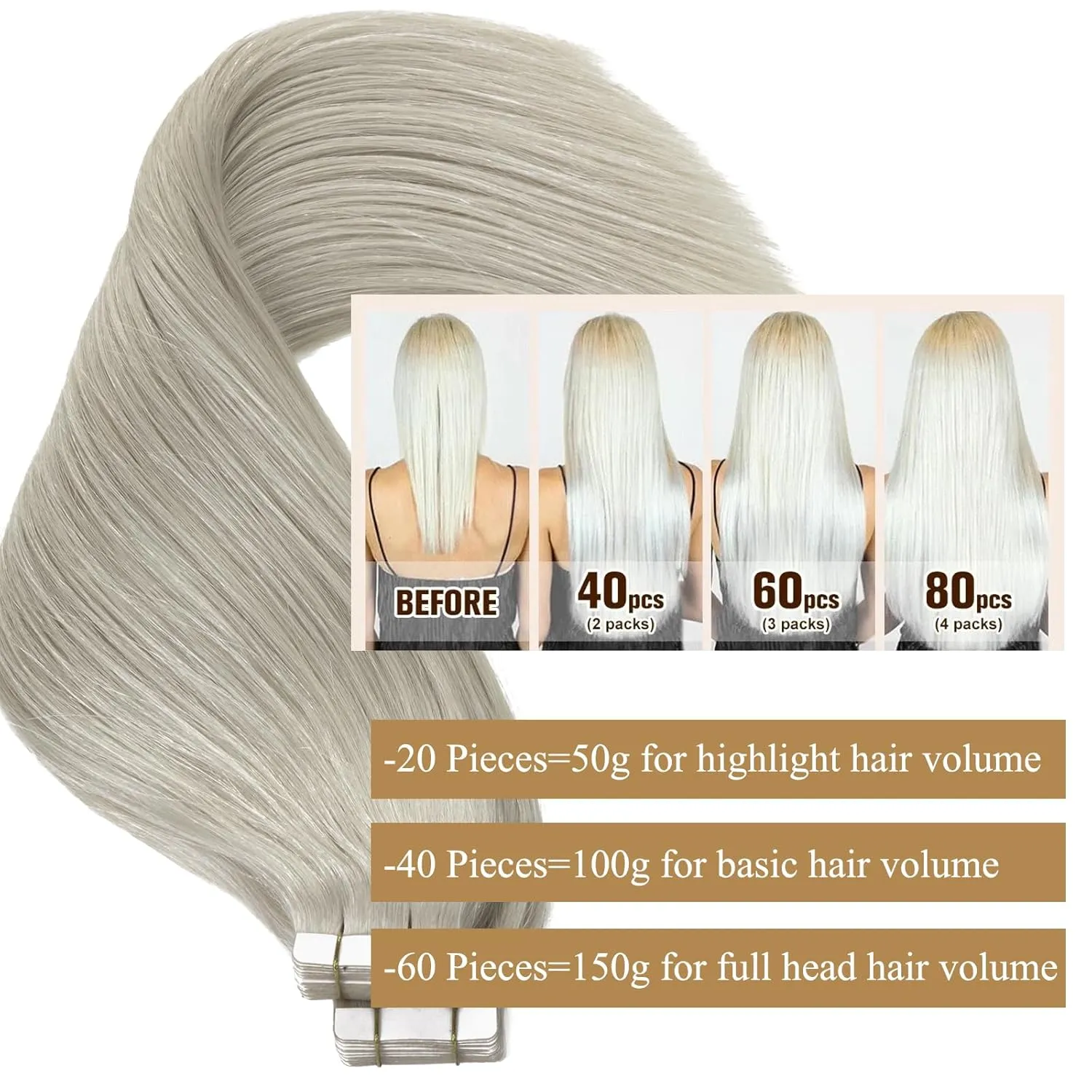 Loxxy Tape in Hair Extensions Human Hair Grey Platinum Blonde Soft Hair Extensions Tape in Silky Straight Invisible Skin Weft Thick End 20Pcs 30G 12Inch