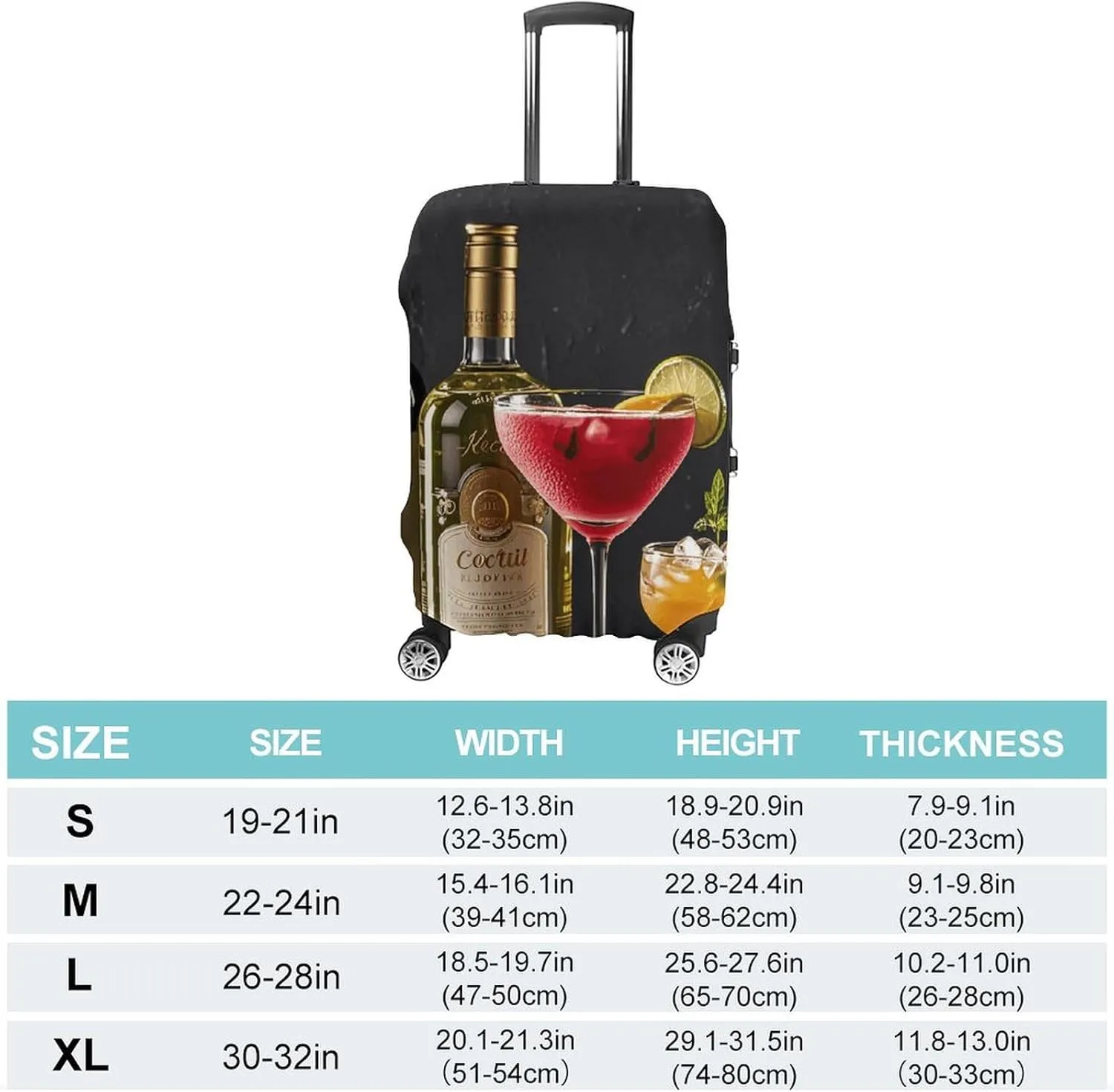 Luggage Cover for Travel, Cocktail Glasses And Wine Bottles Fashion Luggage Covers, Washable Stretch Suitcases Protector Fits 19-32 Inch Luggage L