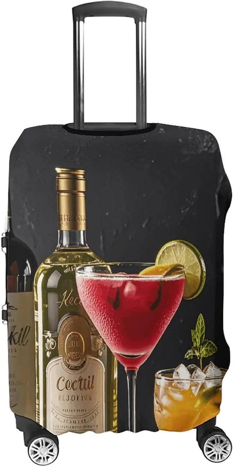 Luggage Cover for Travel, Cocktail Glasses And Wine Bottles Fashion Luggage Covers, Washable Stretch Suitcases Protector Fits 19-32 Inch Luggage L