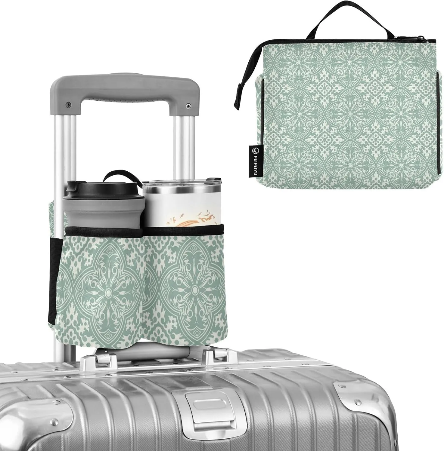 Luggage Cup Holder for Suitcases Free Hands Suitcase Cup Holder Travel Luggage Drink Holder Portable Luggage Cup Caddy Bag Carrier with Handle Abstract Retro Green
