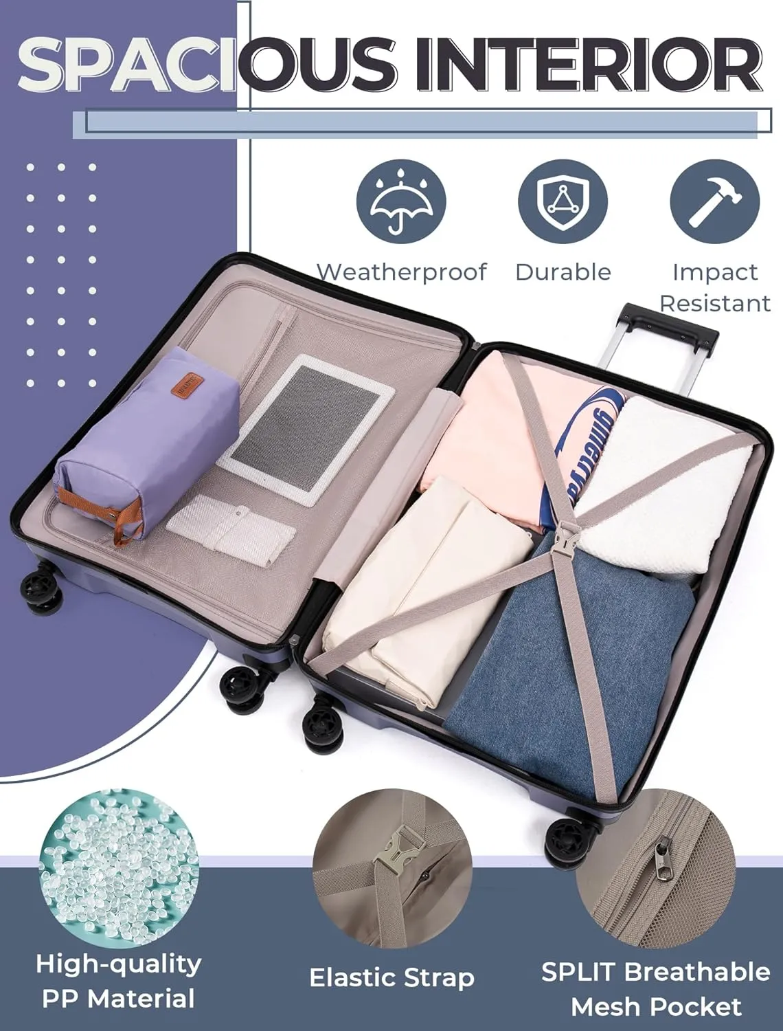 Luggage Sets 5 Piece, Suitcases with Wheels, Hardshell Suitcase Set, PP Carry on Luggage Set with TSA Lock, Travel Luggage
