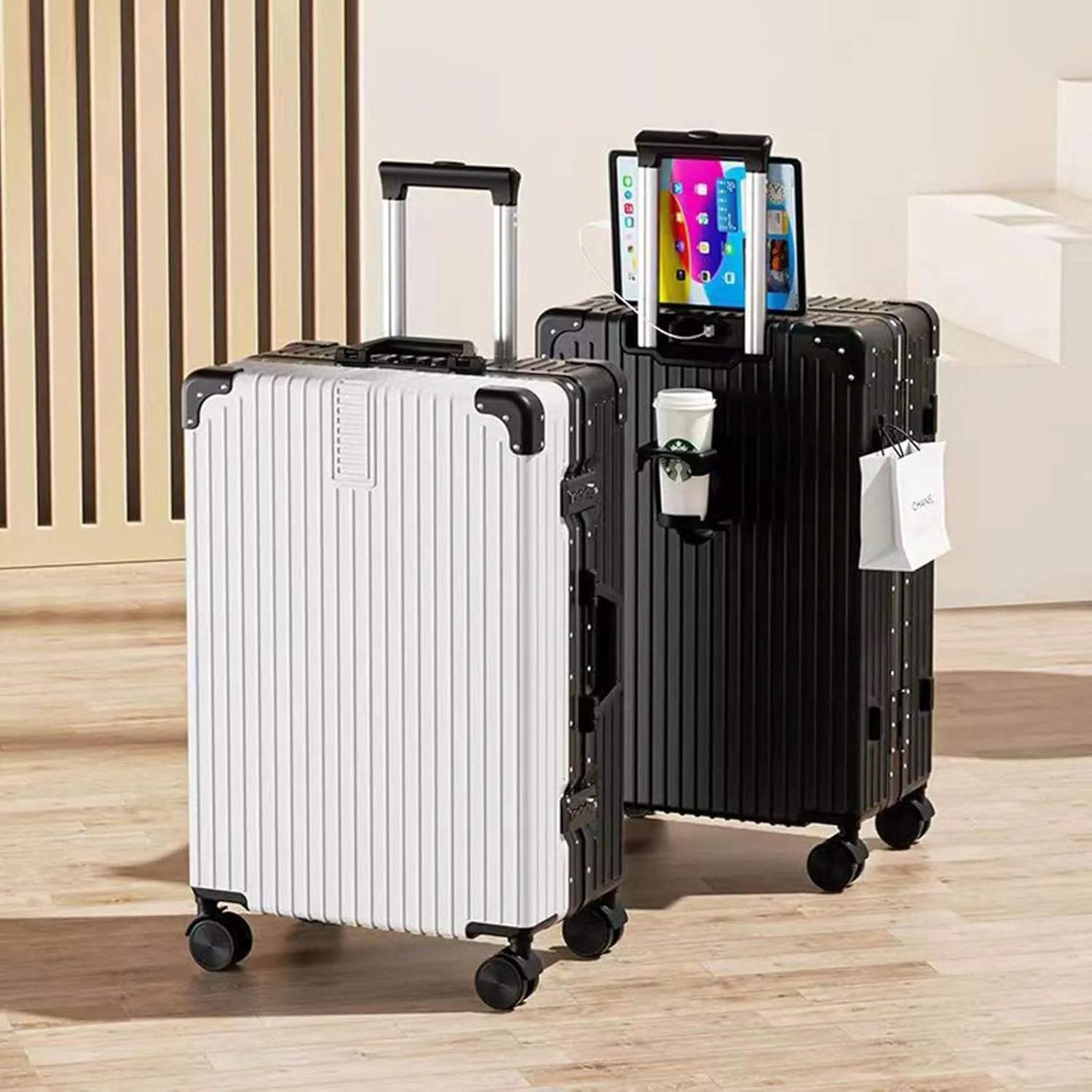 Luggage With Cup Holder, Space Separation Design, Hard Shell Trolley Case, Dustproof And Waterproof, For Going On A Trip, Learn (Color : 22, Size : Black White)