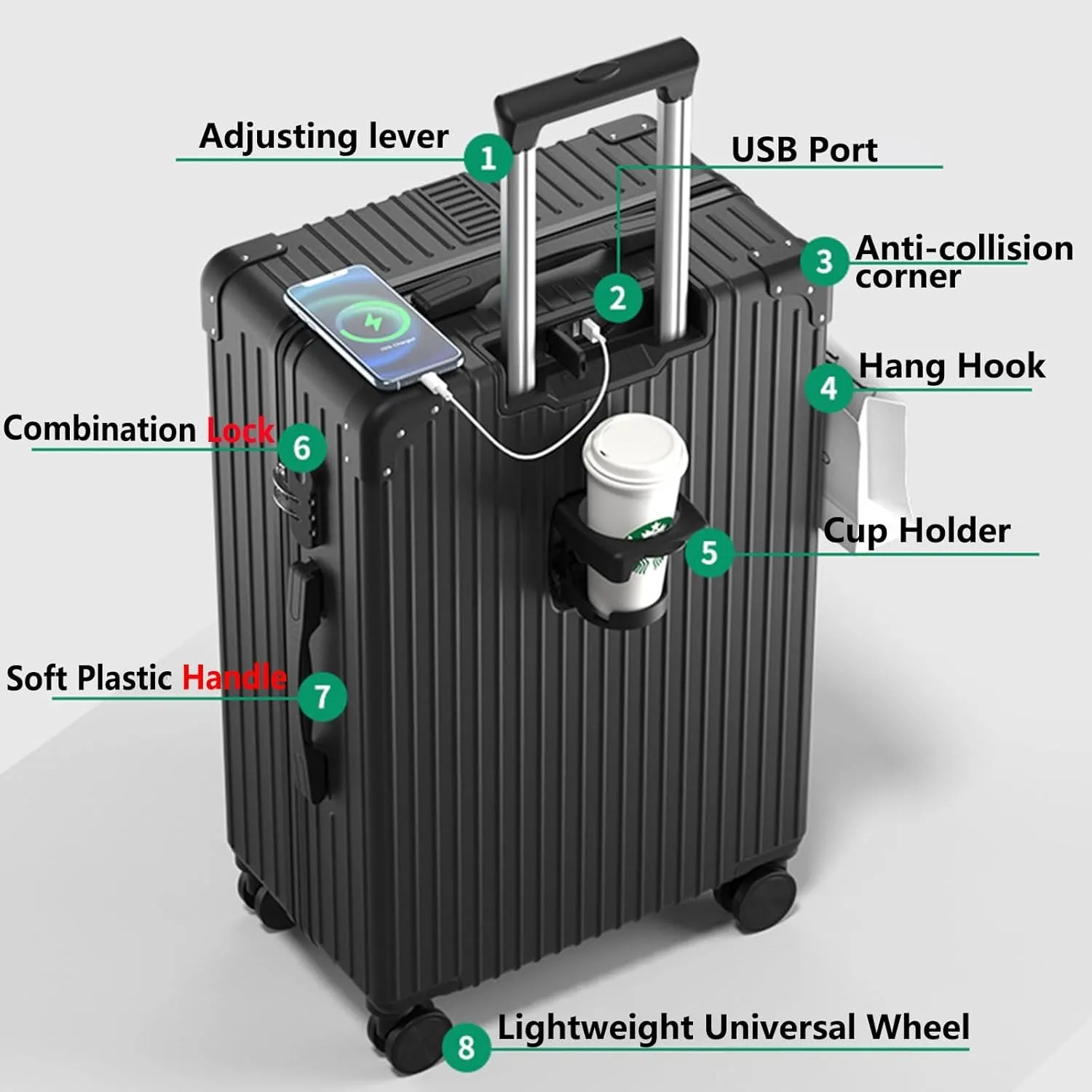 Luggage With Cup Holder, Space Separation Design, Hard Shell Trolley Case, Dustproof And Waterproof, For Going On A Trip, Learn (Color : 22, Size : Black White)