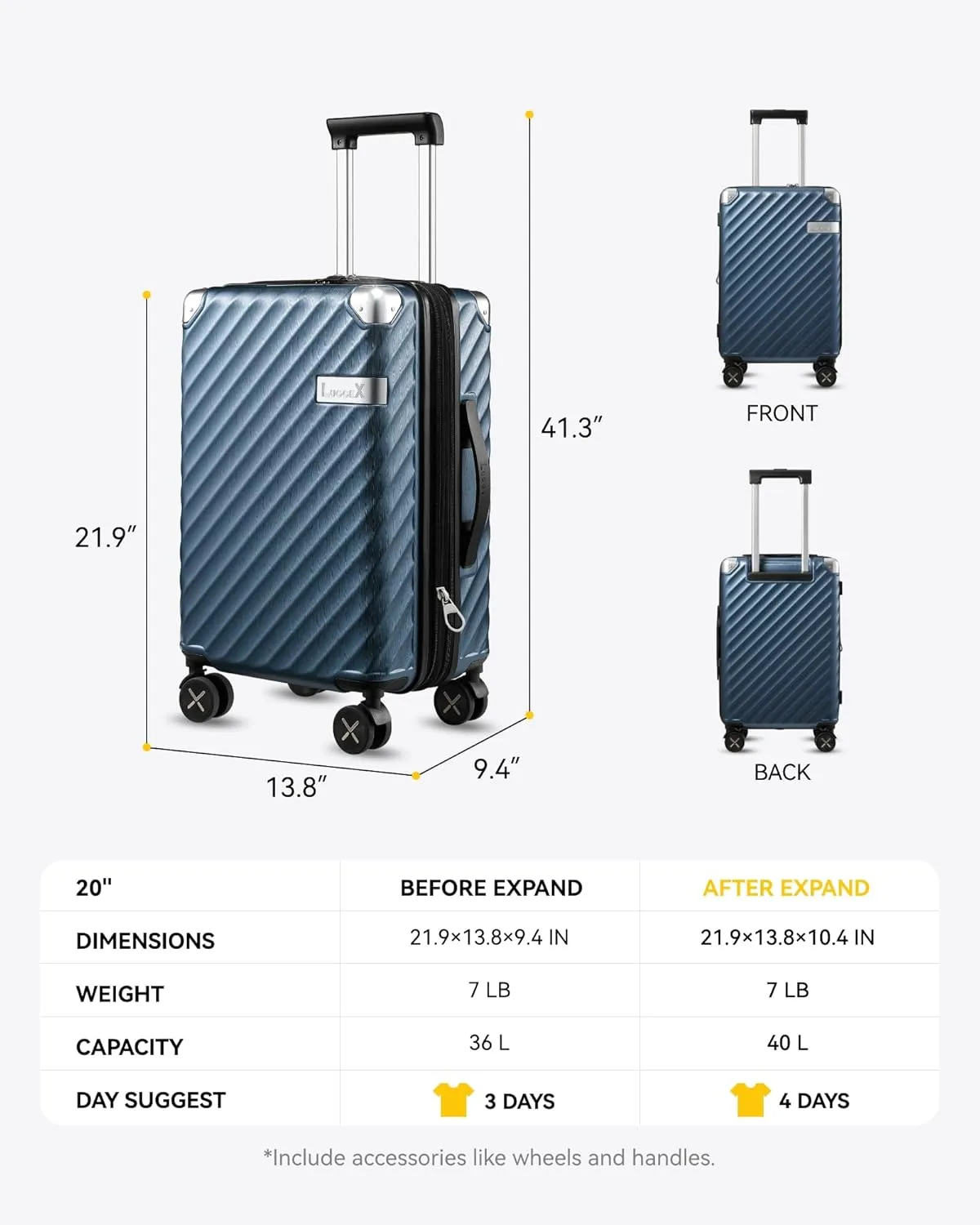 LUGGEX Luggage with Spinner Wheels, Polycarbonate Expandable Hard Shell Suitcase, Carry On 20 Inch, Beige