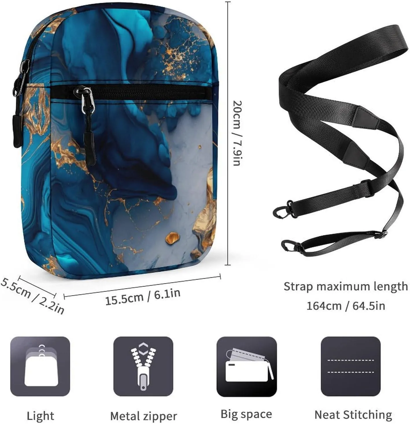 Luxury Marble Image Crossbody Bag Small Shoulder Bag Waterproof, Lightweight And Convenient