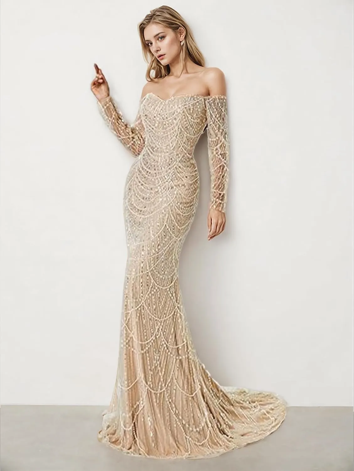 Luxury Mermaid Trumpet Prom Dress Off-The-Shoulder Court Train Long Sleeves Beading Sexy Sequin Evening Dress 2025