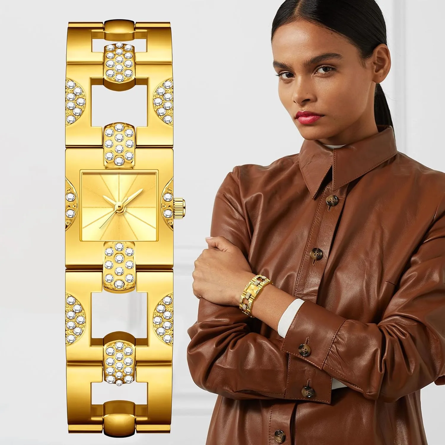 Luxury Women's Quartz Watch Elegant Gold-Tone Cuff Bracelet Women Watches with Square Dial, Crystal-Embellished Fashion Dress Analog Wristwatch Dainty Ladies Gift