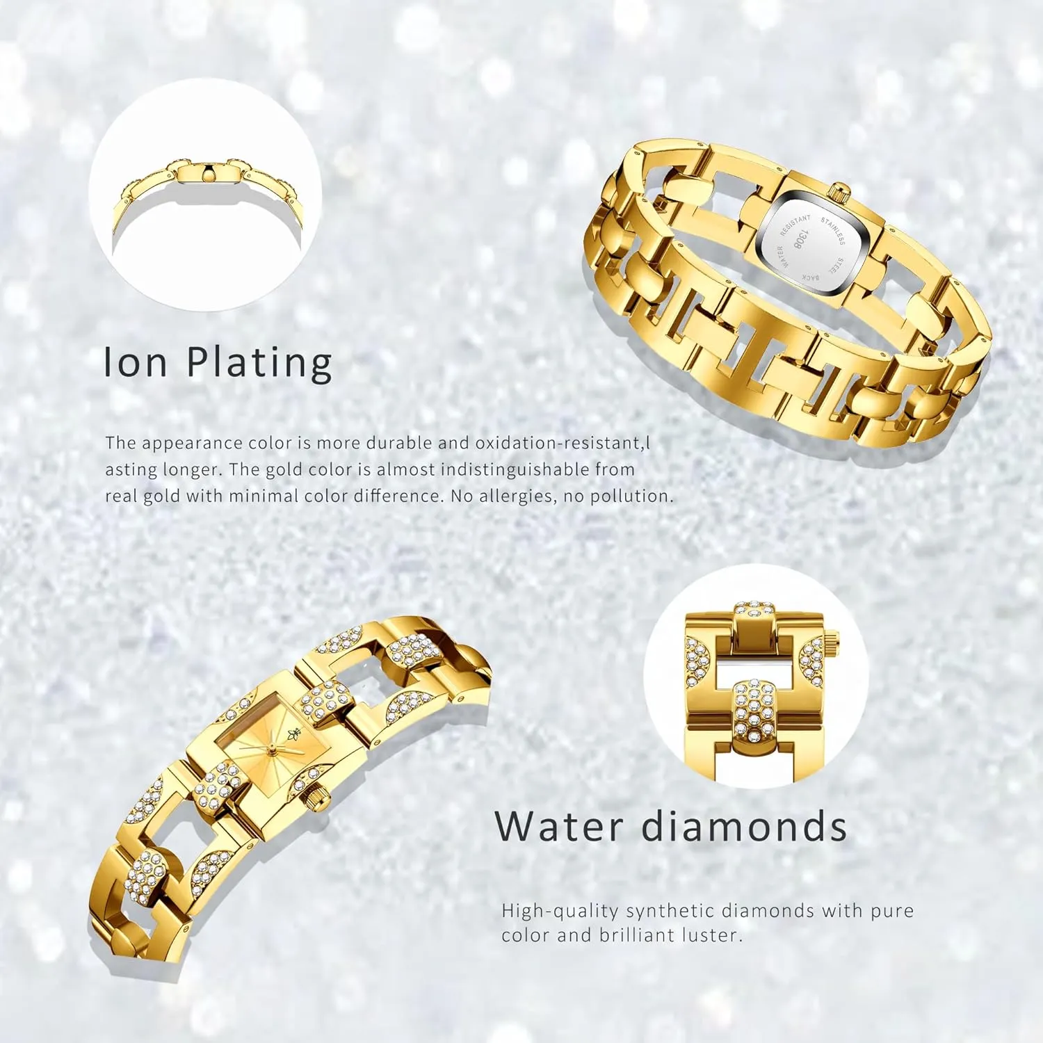 Luxury Women's Quartz Watch Elegant Gold-Tone Cuff Bracelet Women Watches with Square Dial, Crystal-Embellished Fashion Dress Analog Wristwatch Dainty Ladies Gift
