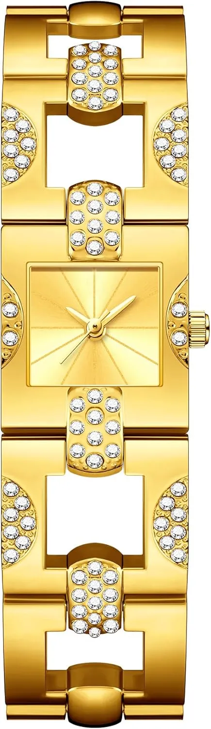 Luxury Women's Quartz Watch Elegant Gold-Tone Cuff Bracelet Women Watches with Square Dial, Crystal-Embellished Fashion Dress Analog Wristwatch Dainty Ladies Gift