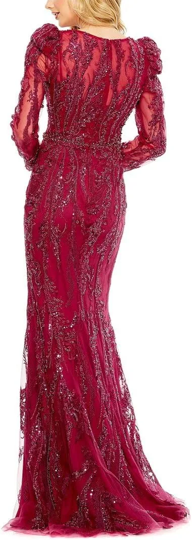 Mac Duggal Womens Embellished Mesh Evening Dress